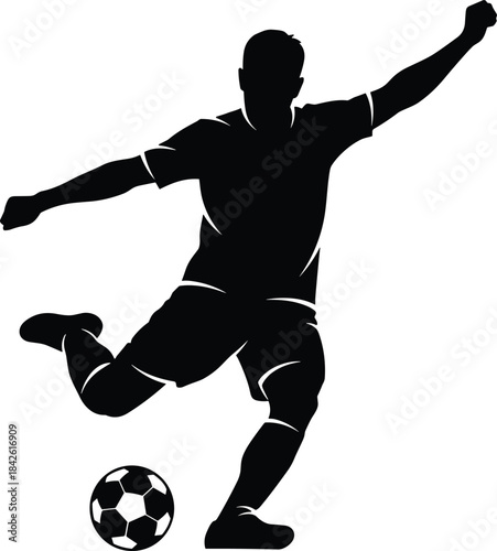 Soccer player silhouette, football athlete kicking ball, sports action pose, dynamic movement illustration, black and white vector sport graphic