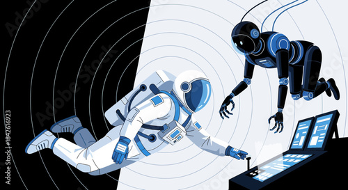 Exploration frontier in futuristic digital art depicting astronaut meets robotic companion in space