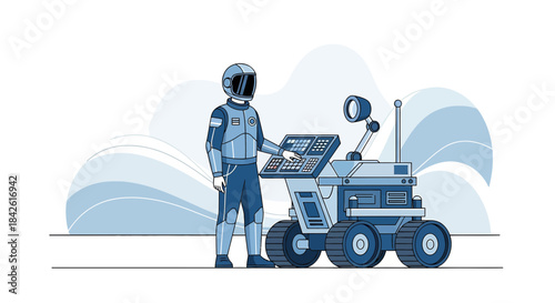 Exploration on a Distant Planet: Cartoon Astronaut with Robotic Rover Illustration