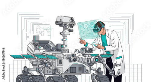Future tech concept: Scientist examining planetary rover with augmented reality interface
