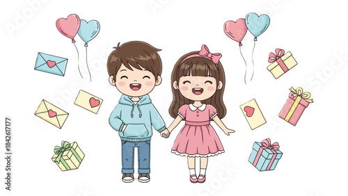 A Blossoming Romance: Two adorable cartoon characters, a boy and a girl, holding hands, surrounded by symbols of love and affection.