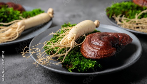 Harvesting fresh ginseng and reishi mushrooms on black plates