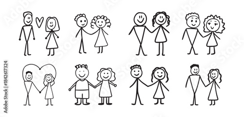 child drawing of a cute couple. simple sketch naive drawing of little people circles and lines. Love concept set