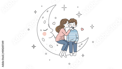 Sweethearts on the Crescent Moon: A tender moment of affection unfolds as a couple shares a kiss, their embrace set against the backdrop of a twinkling sky and a smiling crescent moon.