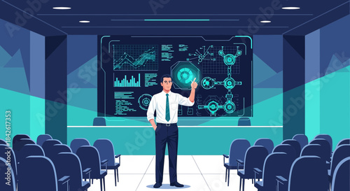 Futuristic Business Presentation: Man Explaining Data on a Digital Screen in Meeting