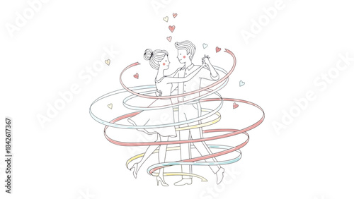Enchanting Dance of Romance: A tender couple gracefully swirls on the dance floor, intertwined with ribbons of love. Hearts float gently above, capturing the essence of romance.