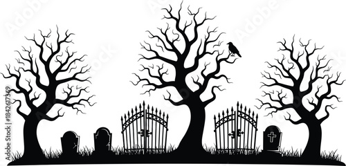 Spooky graveyard silhouette with dead trees and tombstones, halloween cemetery landscape, old iron gate entrance, scary night scene, black flat vector illustration