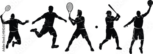 Sports player silhouettes, athletic action poses, tennis soccer baseball basketball figures, dynamic athlete illustration set, competitive sports vector design