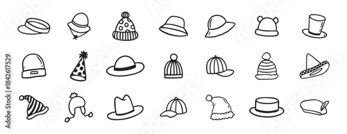 hat doodle hand drawn icon set. Outline drawing hats line clipart symbol collection