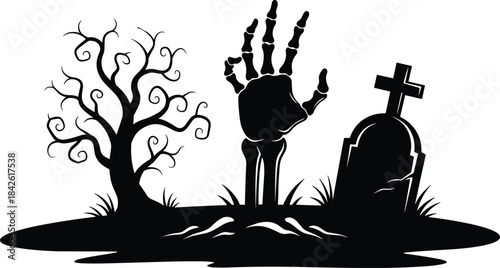 Spooky graveyard silhouette, Halloween scene, skeletal hand, twisted tree, gravestone icon, horror vector, black and white, eerie illustration