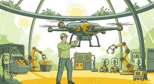 Futuristic greenhouse featuring drone technology and robotic automation systems for agriculture