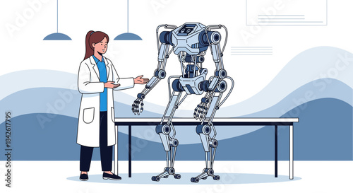 Futuristic healthcare research: female scientist examining a humanoid robot prototype in a lab
