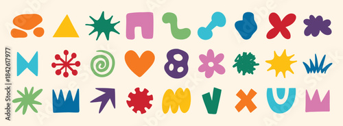 colorful organic doodle hand drawn colorful set. shapes and squiggles childish style. Abstract funny cute kids shapes elements. naive art