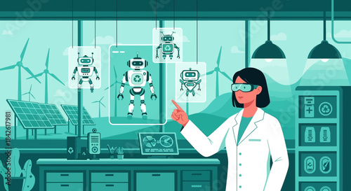 Futuristic laboratory showcasing sustainable robotics for renewable energy research and development