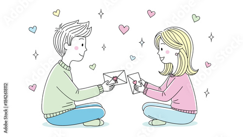 Sealed Love Letters: A tender exchange unfolds as a young man and woman, surrounded by hearts, pass sealed letters symbolizing romance and affection, illustrating a sweet moment of connection.