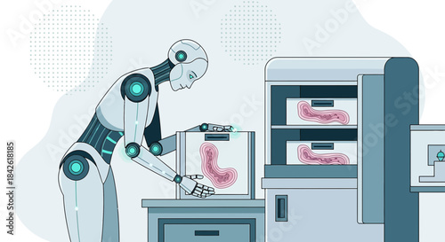 Futuristic robot assisting in lab growing organic tissue with technological manufacturing