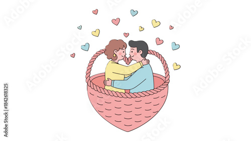 Affection in the Basket: In a world of tender embrace, a loving couple finds themselves nestled within a heart-shaped basket, symbolizing love and togetherness, framed by floating hearts