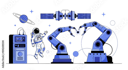 Futuristic Space Exploration and Technology Illustration with Astronaut and Robotic Arms