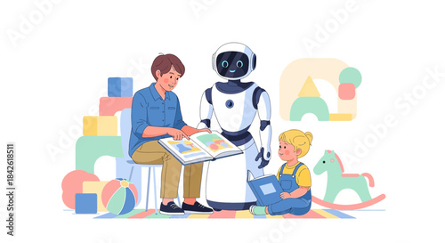 Futuristic story time with robot companion, showcasing the blend of education and technology