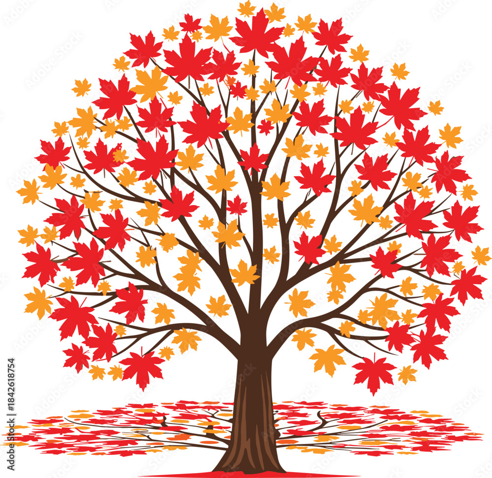Fototapeta premium Stylized vibrant autumn maple tree vector with bright red and orange falling leaves and a natural trunk, simple graphic illustration for seasonal banners, education, and nature designs