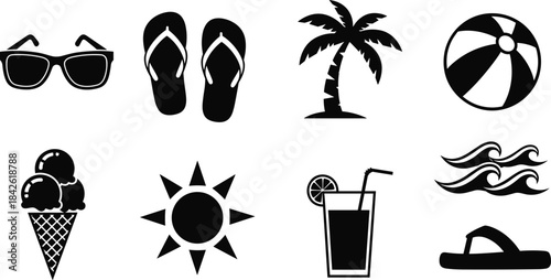 Summer icon set, beach silhouette vector, sunglasses, flip-flops, palm tree, ice cream, sun, ocean wave, vacation design, tropical theme