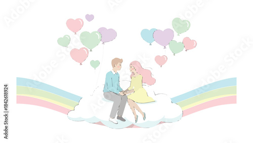 Eternal Embrace: A tender moment as a couple, sitting amidst ethereal clouds and heart-shaped balloons, share a moment of affection and love, all against a background of a rainbow arch