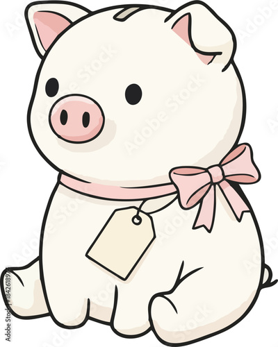 Cute white pig character with pink bow and gift tag, minimalist kawaii illustration