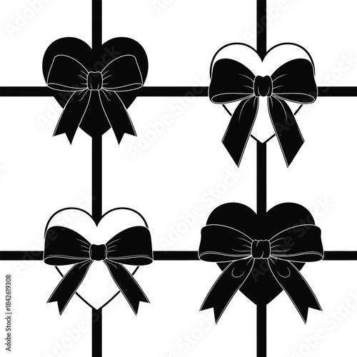 Ribbon bow gift wrap cross set, black present ribbon icons on white background