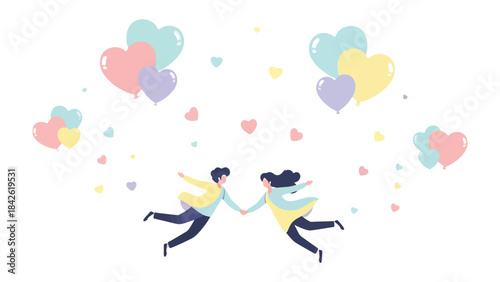 Enamored Embrace: A tender moment as two individuals float amidst a cascade of heart-shaped balloons, symbolizing love and connection, creating a dreamy and romantic atmosphere.