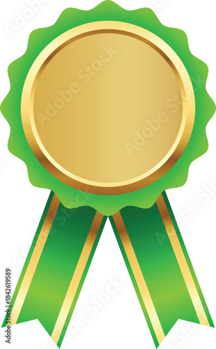 Golden Award Medal with Green Ribbon Illustration. Winner Award Banner Mockup.