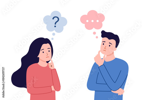 Man and woman with thinking character expressions. Problem solving.