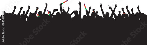 Silhouette crowd with glow sticks, raised hands, celebration energy, unity in motion, concert atmosphere, public gathering, expressive gesture, night event, festive vibe