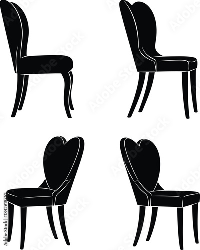 Heart back chair silhouettes set, romantic seating furniture icons in black