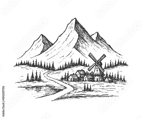 Detailed vintage monochrome engraving of a rural landscape with mountains in the background, a path, and a traditional windmill, perfect for travel and historical vector illustrations.