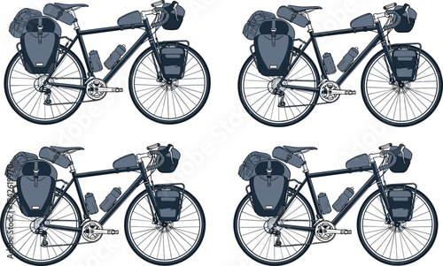 Touring bicycle illustration, loaded bike, panniers, gear bags, outdoor travel, cycling vector, adventure setup, bikepacking design, black silhouette