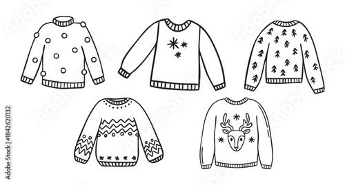 Christmas sweaters line art clipart set with reindeer, trees and snowflakes, monochrome collection, hand drawn.