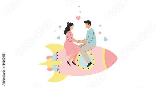 Love's Launch: A couple embraces the thrill of love as they embark on a journey of romance, riding a rocket adorned with hearts, soaring towards their dreams together.