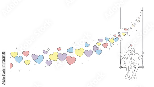 Love's Ascent: A tender moment unfolds as a couple embraces on a swing, surrounded by a cascade of colorful hearts symbolizing the blossoming of affection and the journey of love. 