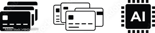 Black vector icons featuring stacks of credit cards in outline and solid styles, paired with an artificial intelligence (AI) chip, representing modern finance, digital payment, and smart technology.