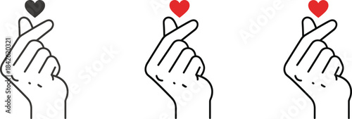 Black line art vector icons illustrating the Korean finger heart gesture with a small heart, symbolizing love, affection, friendship, and popular culture trends in various colors.