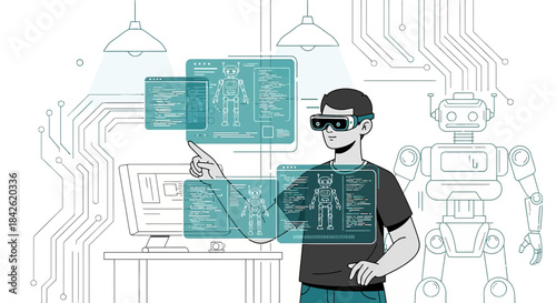 A Person Interacting with Holographic Robots in a Virtual Reality Environment of Artificial