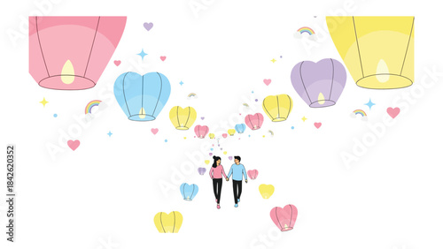 Love's Skyward Journey: A romantic couple strolls hand-in-hand amidst a vibrant display of floating lanterns and twinkling lights, painting a scene of love, dreams, and endless possibilities.