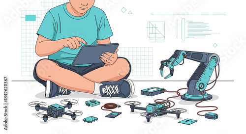 A young boy sits with a tablet surrounded by drones and a robotic arm for technological learning