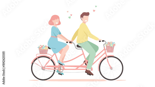 Tandem Bicycle Adventure: A cheerful couple embarks on a romantic bicycle ride together, their love story unfolding against a backdrop of blossoming flowers and shared smiles.