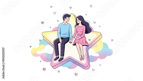 Starry Romance: A charming illustration depicts a couple seated on a whimsical star, their hands clasped in a gesture of love and connection.