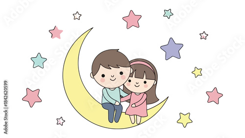 Dreamy Embrace on Crescent Moon: Two adorable figures, an illustration of a loving couple, share a tender moment atop a luminous crescent moon, surrounded by a constellation of pastel stars.