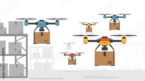 A group of colorful drones carrying cardboard boxes in the air with a cityscape and shelving units in the background