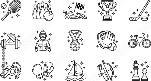 tennis, bowling, racing, trophy, hockey, dumbbell, jacket, medal, glove, bicycle, whistle, boxing, sailboat, archery, chess, sport, match, competition, training, activity