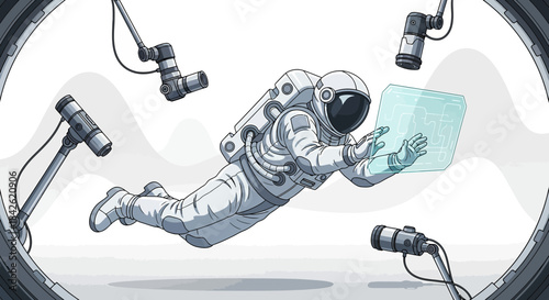 Astronaut working with futuristic interface in a high-tech space laboratory showcasing innovation