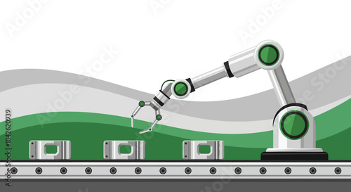 Automated assembly line with robotic arm processing silver metal components swiftly